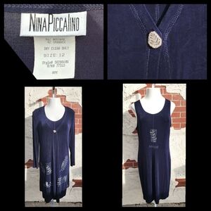 12 Nina Piccalino Blue Dress Stretchy Acetate Slinky Ling Sleeve 2 piece set USA